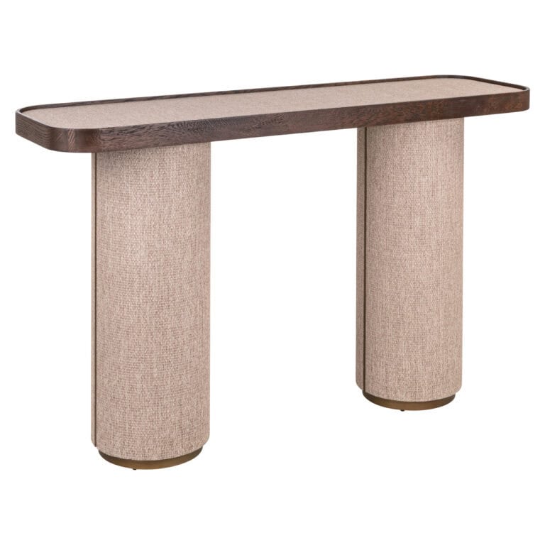 Console moderne avec revêtement beige et finitions en bois pour l'intérieur.