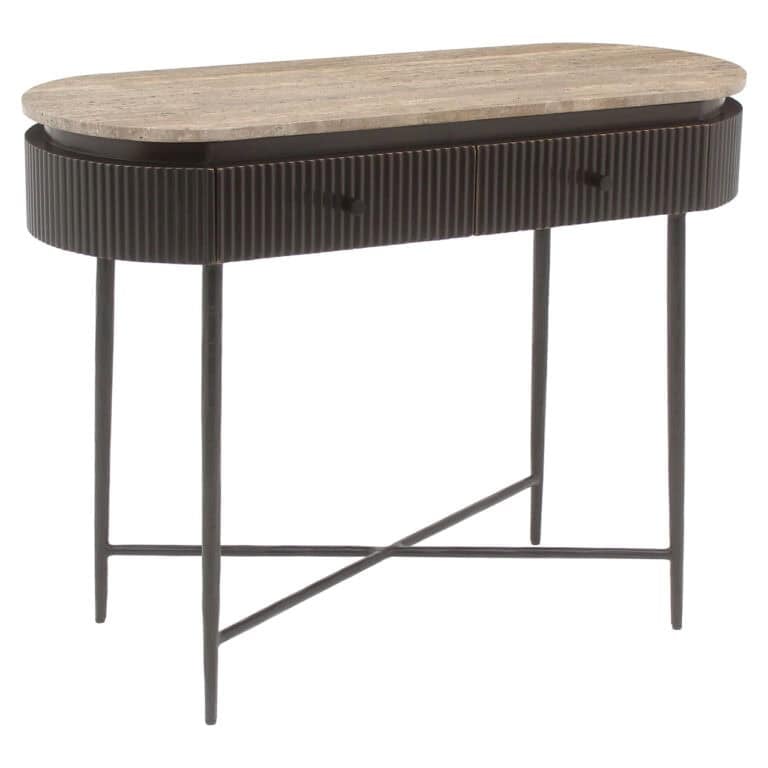 Table console moderne avec plateau « ash brown » et structure noire.