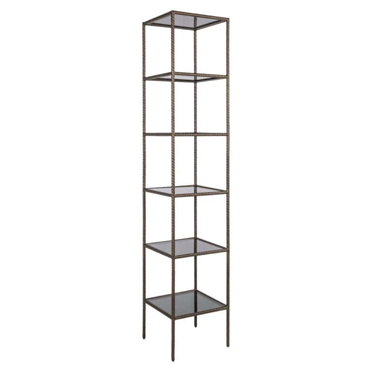 Présentoir Sheridon gold avec des verres planches pour un intérieur moderne.