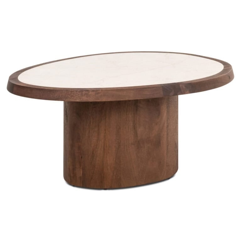 Table de salon e moderne « Melrose » en spicebrown avec un plan de travail en marbre blanc.