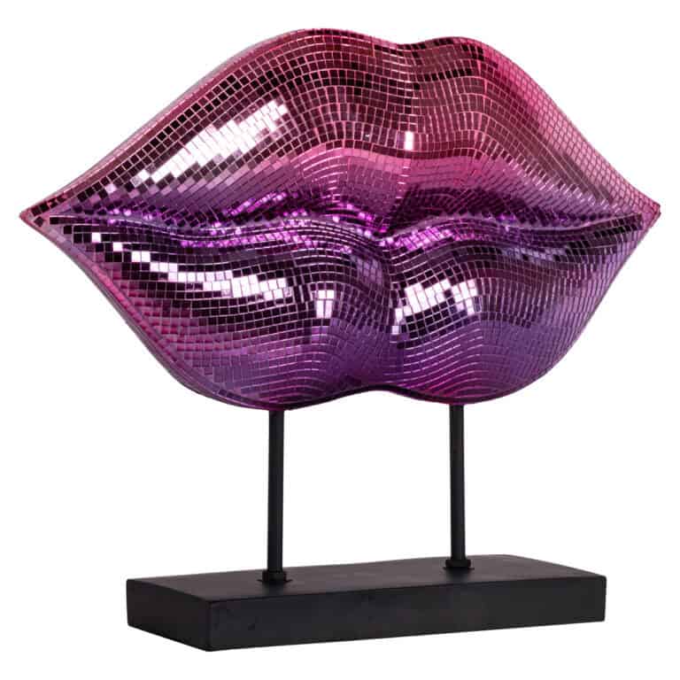 Statue décorative « lips » dans des tons de rose et de violet, avec des carreaux réfléchissants.