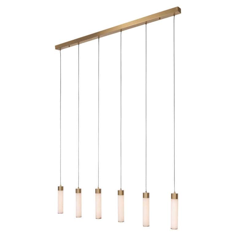 Suspension moderne Elaris avec six points lumineux et des détails en bois.