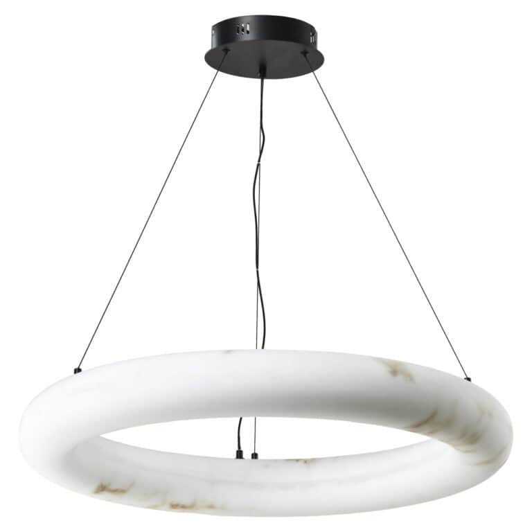 Suspension moderne blanche Solmira, de forme ronde et au design minimaliste.