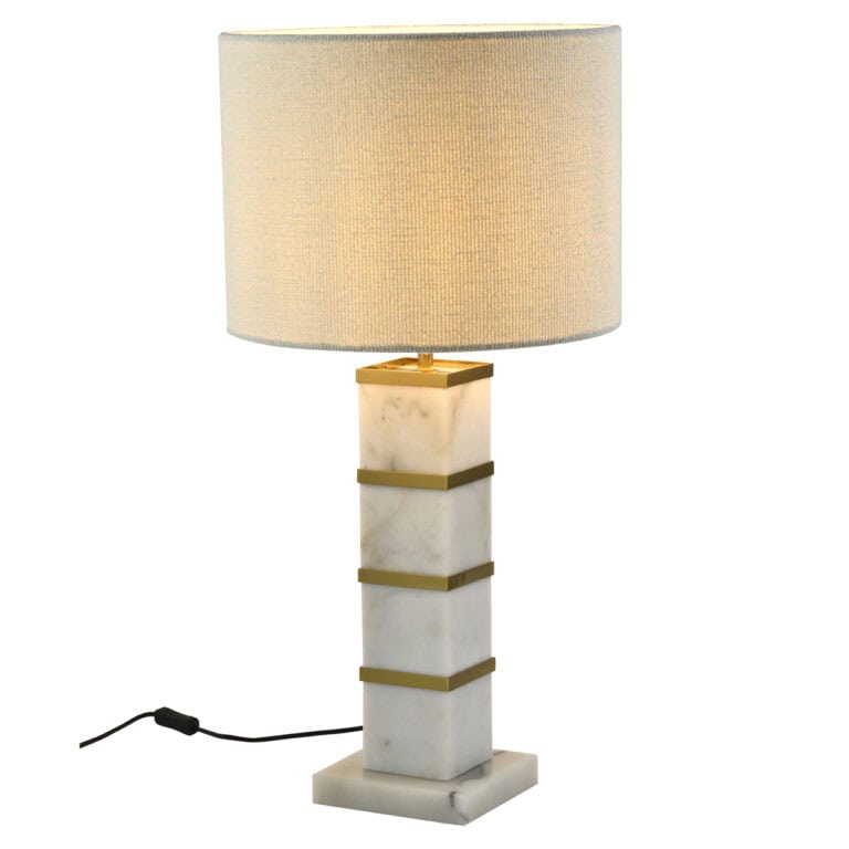 Lampe de table Celinae blanche avec abat-jour et socle en marbre.
