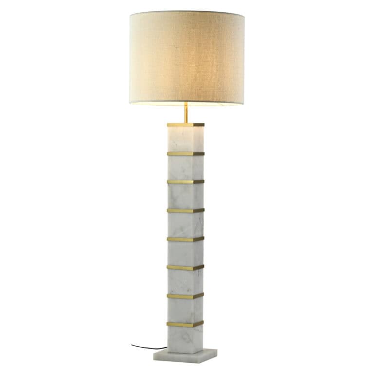 Lampadaire moderne Celinae avec abat-jour blanc et détails dorés.