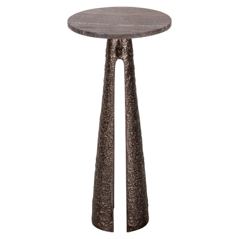 Table d'appoint Eldora en bronze, avec plateau rond et piètement sculptural.