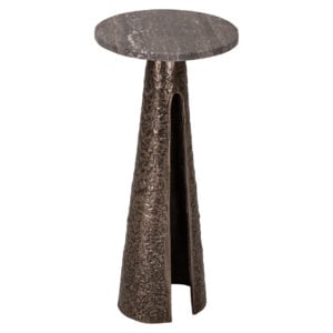 Table d'appoint Eldora en bronze, avec plateau rond et piètement sculptural.