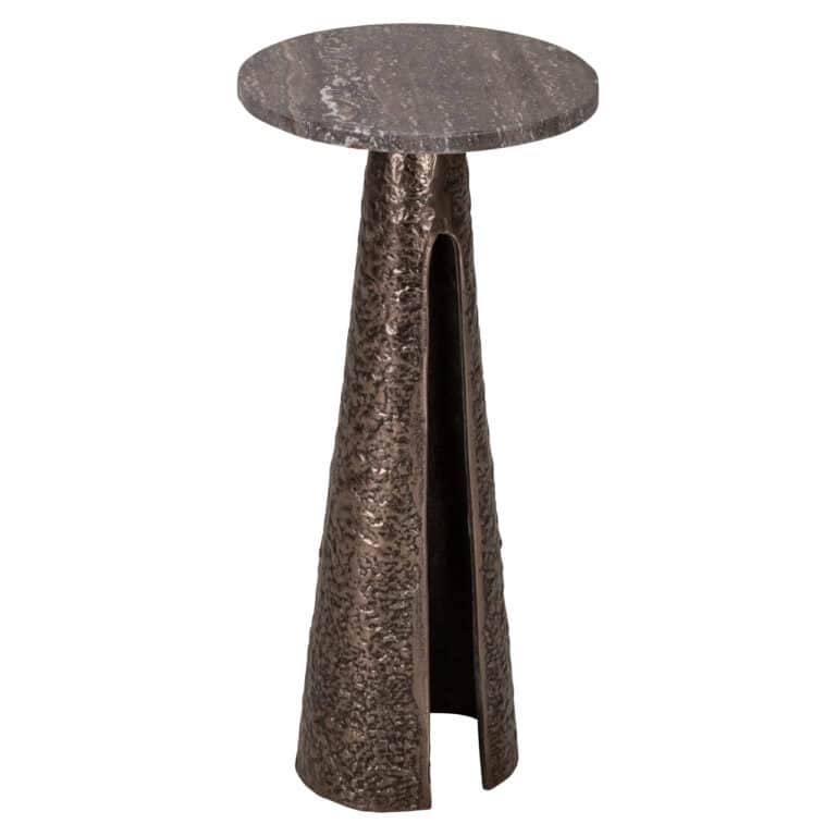 Table d'appoint Eldora en bronze, avec plateau rond et piètement sculptural.