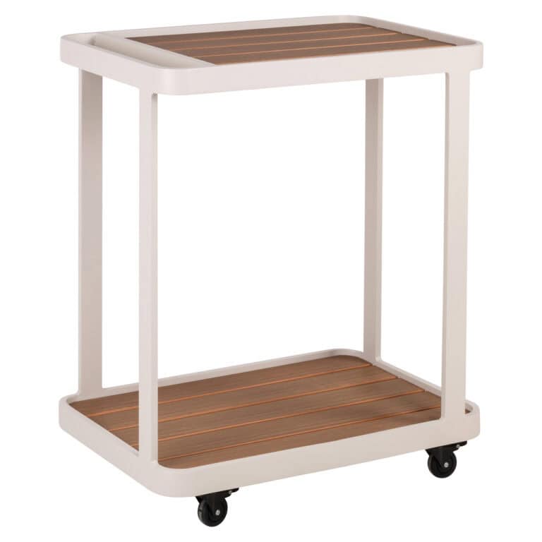 Valise à roulettes d'extérieur Spritz beige avec poignée « planches » en bois et roulettes.