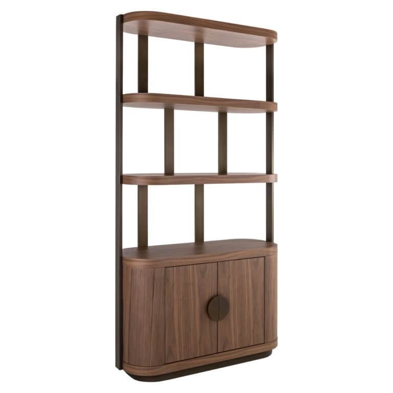 Présentoir Noyer Windsor avec étagères ouvertes planches et armoire de rangement fermée.