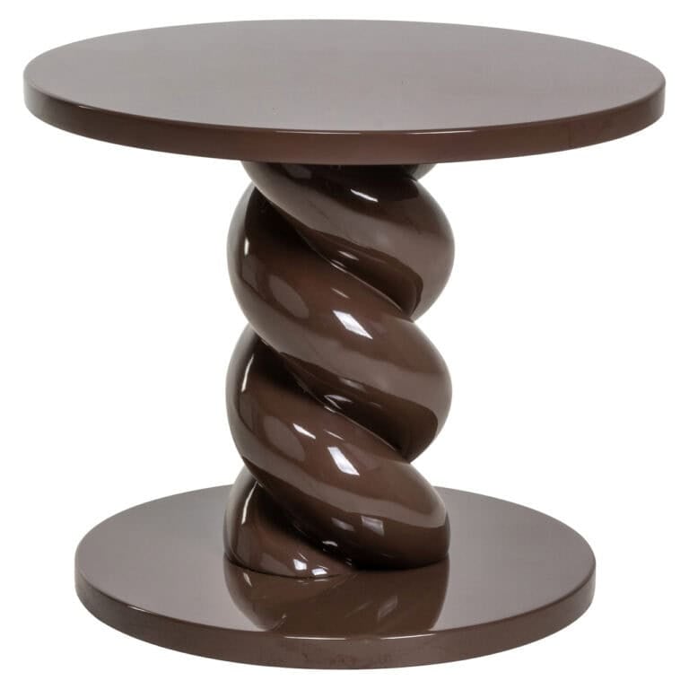 Table d'appoint moderne avec un piètement tourné de couleur marron châtaigne.