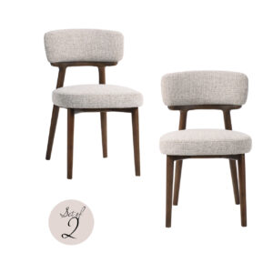 Set of 2 Basker dining chairs with wooden legs and light-colored upholstery.