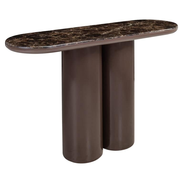 Table console moderne avec plateau en marbre et pieds cylindriques.