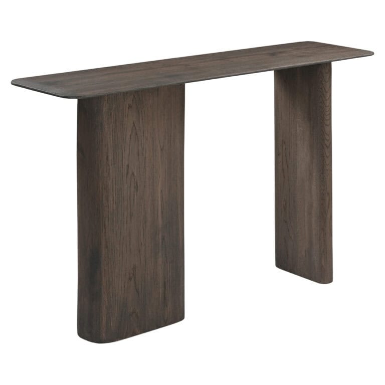 Moderne Konsole aus dunklem Holz mit abgerundeten Ecken.
