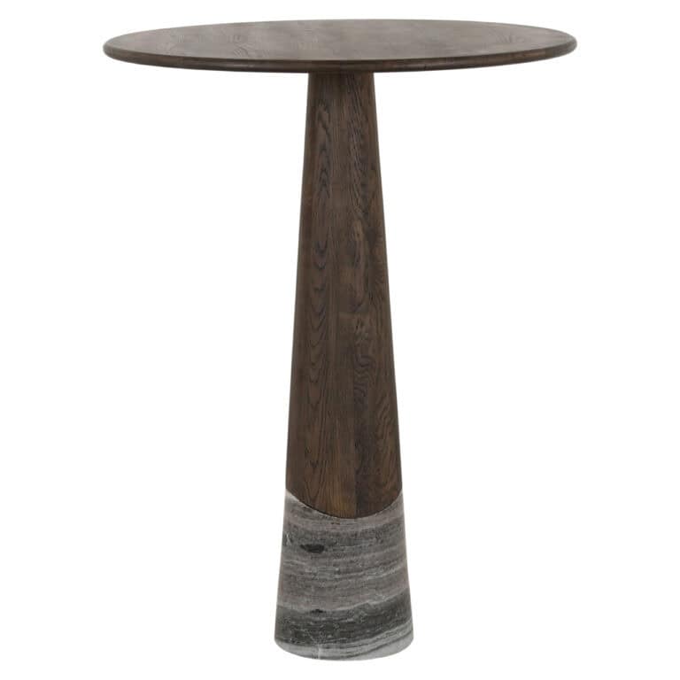 Moderner Bartisch aus Holz mit Marmorfuß für den Innenbereich.