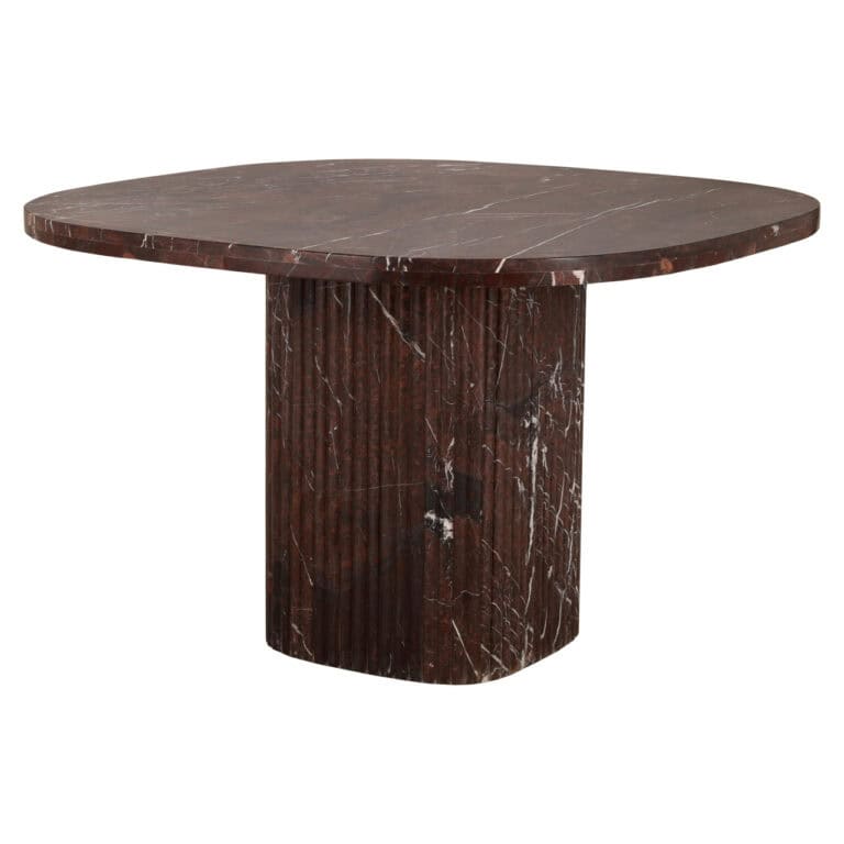 Esstisch „Orchid“ aus burgunderrotem Marmor mit runder Form und stabilem Untergestell.