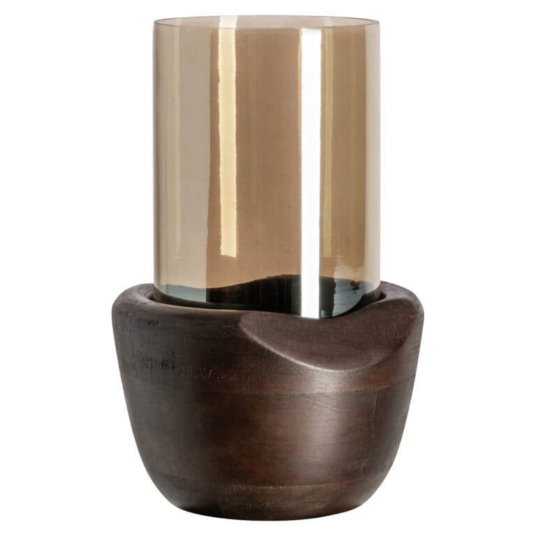 Petit « Lampe ouragan » en verre de jade et bois de noyer, au design élégant et moderne.