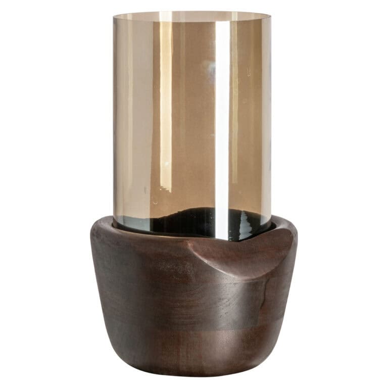 Grande lampe « Lampe ouragan » Sloane en bois de noyer et verre, pour la décoration d'intérieur.