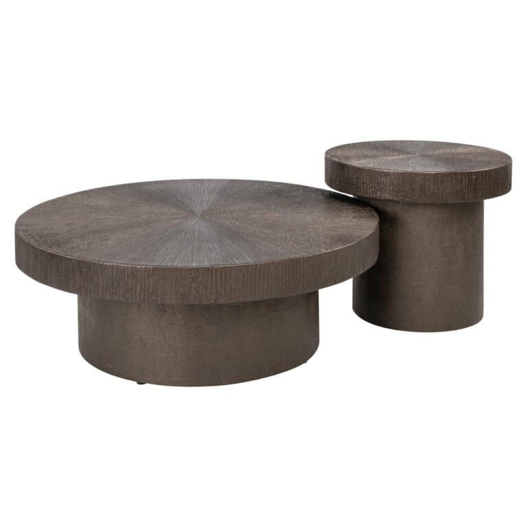 Modernes Set aus zwei Couchtischen aus Brunzae-Holz mit runden Tischplatten.