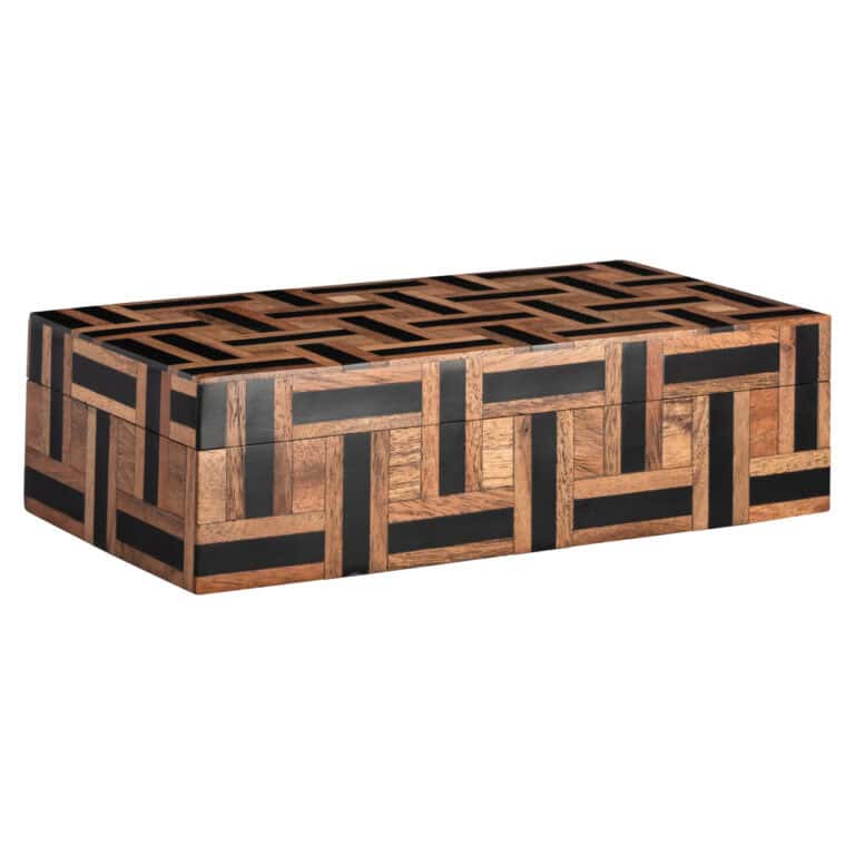Kleine Aufbewahrungsbox aus Holz mit geometrischem Muster in Braun und Schwarz.