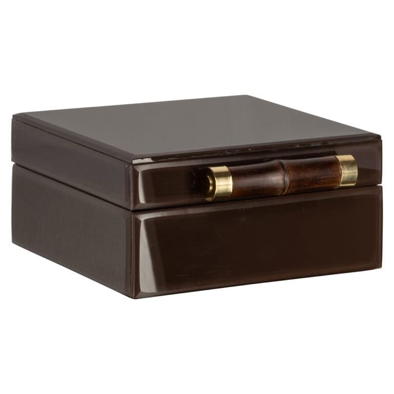 Kleine dunkelbraune Aufbewahrungsbox mit Holzgriff zur Dekoration und zur Organisation.