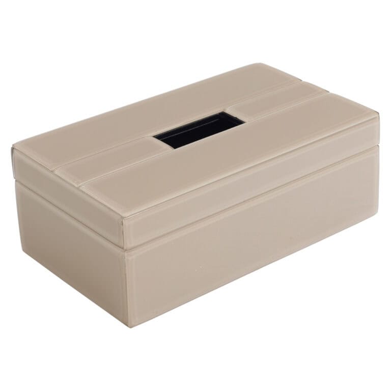 Taupe tissuebox met zwart opening, decoratief en functioneel.