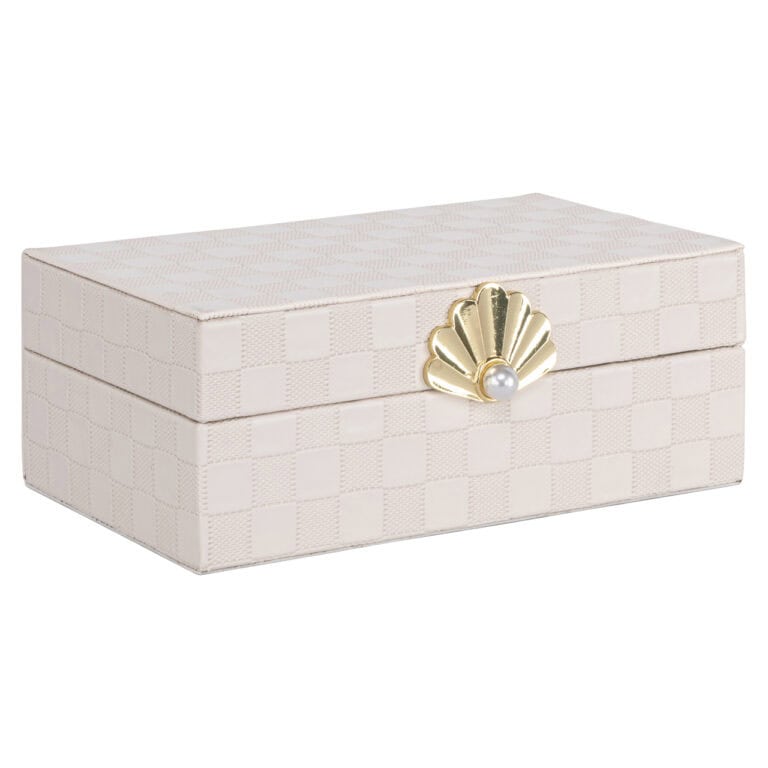 Kleine ivoorkleurige opbergdoos met gouden schelp en parelversiering.