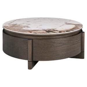 Table de salon e ronde avec plateau en marbre et piètement en bois.