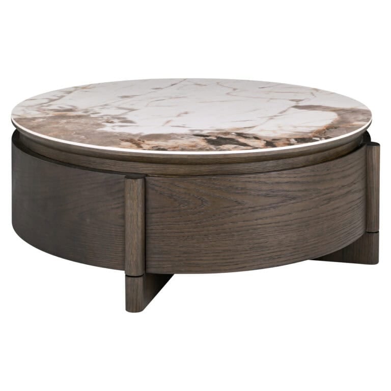 Ronde salontafel met marmeren blad en houten onderstel.