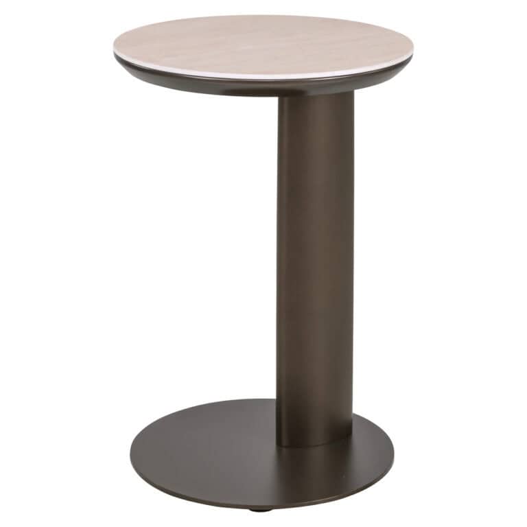 Moderne ronde bijzettafel in bruin en zwart voor woonkamer.