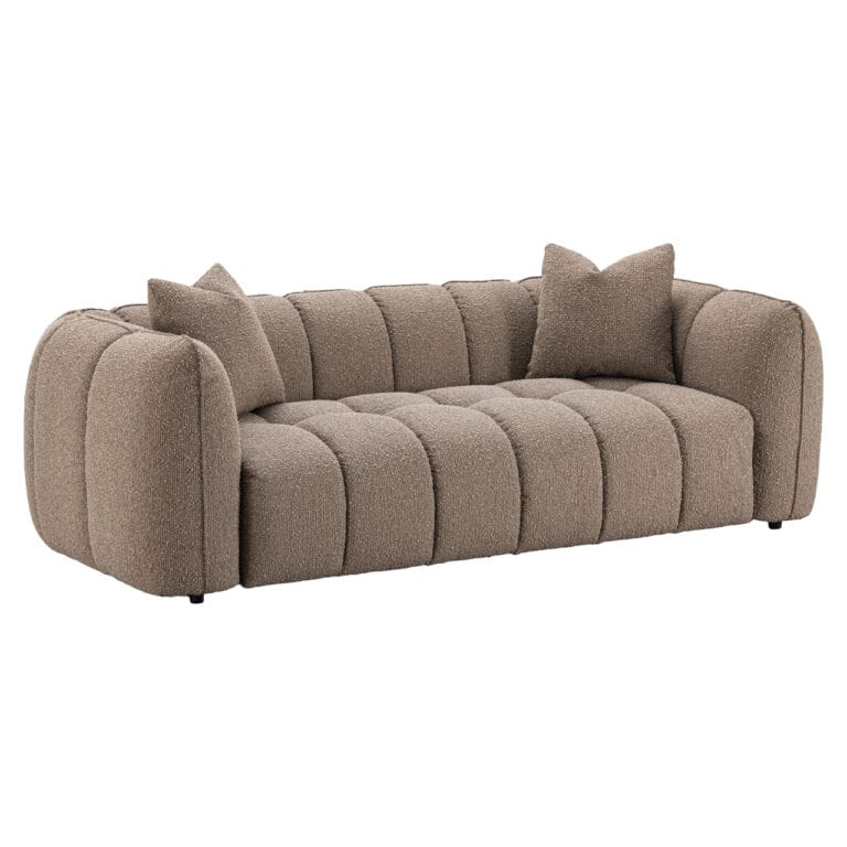 Bank Hogan mocca chunky 3-zits met kussens, modern design, comfortabel en brandvertragend.
