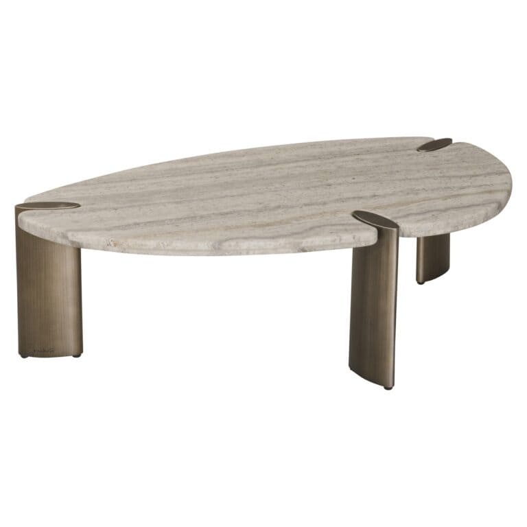 Moderne grijze salontafel met uniek ontwerp en metalen poten.