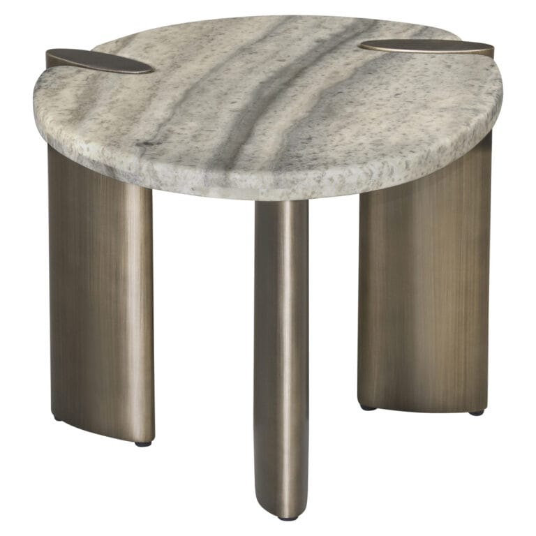 Moderne bijzettafel met marmeren blad en metalen poten.