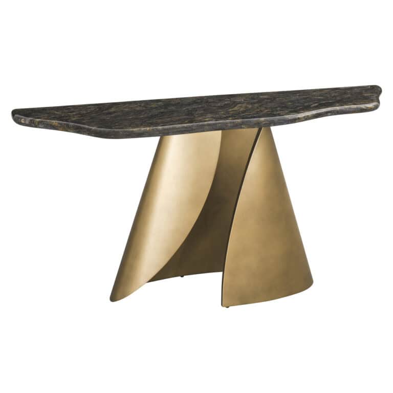 Elegant console Goldman met zwart marmeren blad en gouden basis.