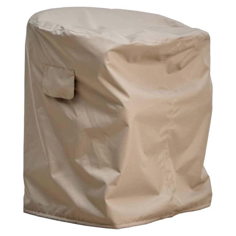 Taupe beschermhoes voor tuinmeubels, waterdicht en UV-bestendig.