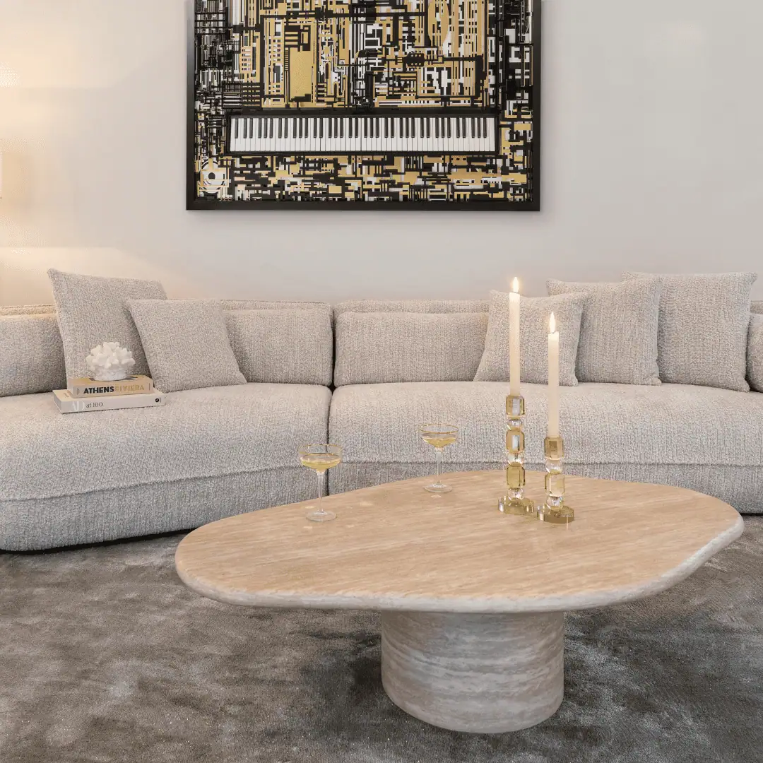 Salon luxueux avec un « Canapé » beige, un « Table de salon » en bois et une œuvre d'art abstraite.