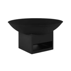 Sleek black fire pit with a stand for outdoor use.
