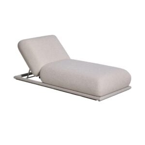Modern lounge chair with light-colored upholstery and a metal frame.