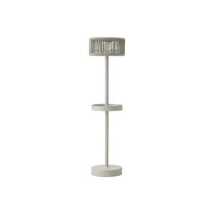 Sleek white floor lamp with wooden accents for a modern interior.