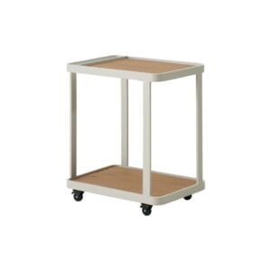 Modern serving cart with wooden shelves and wheels for home use.