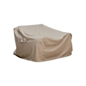 Beige protective cover for patio furniture, waterproof and UV-resistant.