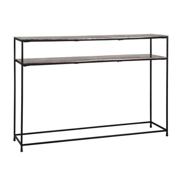 Strakke console met metalen frame en houten planken voor stijlvolle inrichting.