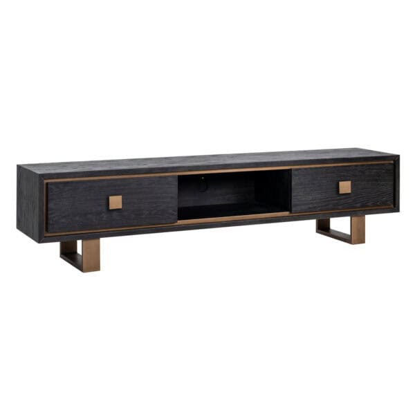 Modernes TV-Möbel aus schwarzem Holz mit offenem Fach und Schublade.