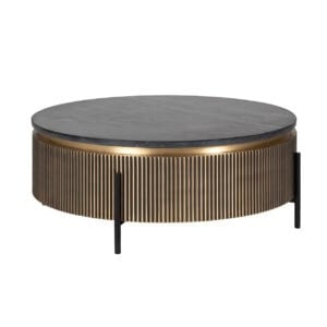 Table de salon e moderne avec un rebord doré et des pieds en métal noir.