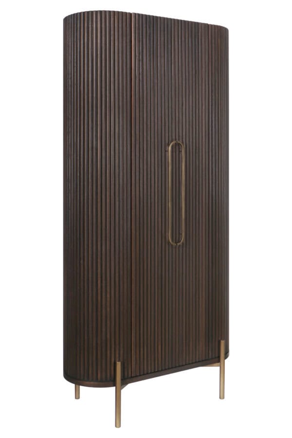 Luxor Brown storage cabinet with vertical ridges and gold-colored legs.