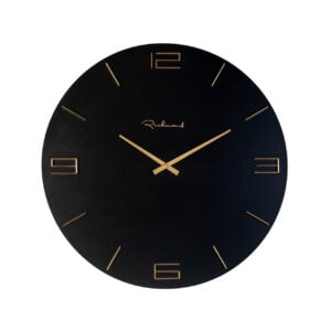 Modern black clock with gold accents and hands.