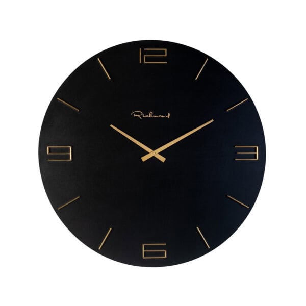 Horloge moderne noire aux détails dorés, idéale pour la décoration d'intérieur.