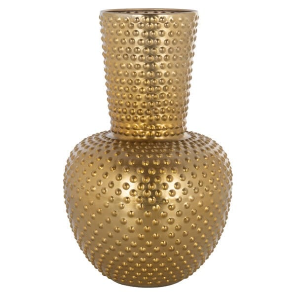 Gold vase with a rounded texture for interior decoration.