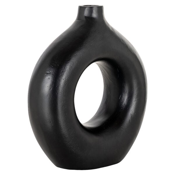 Modern black vase with a round opening—stylish and unique.