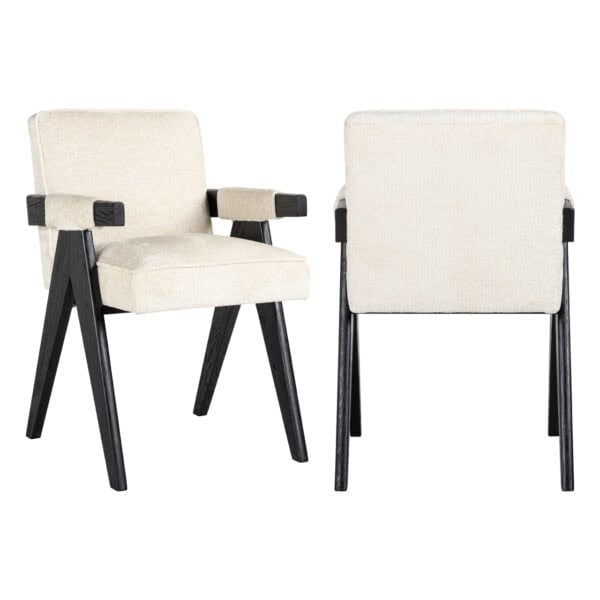 Chaise de salle à manger moderne avec revêtement en chenille blanche et pieds en bois noir.